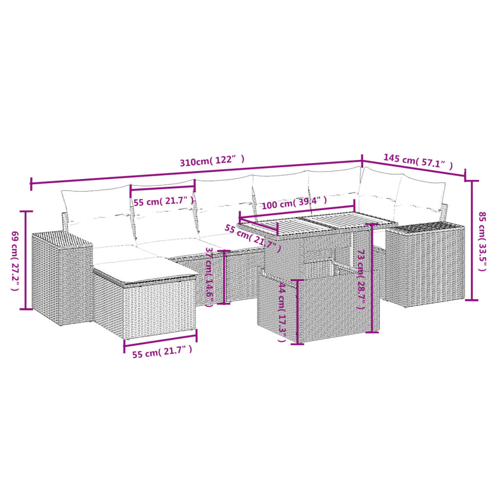 vidaXL Set de sofás de jardín 8 pzas y cojines ratán sintético gris