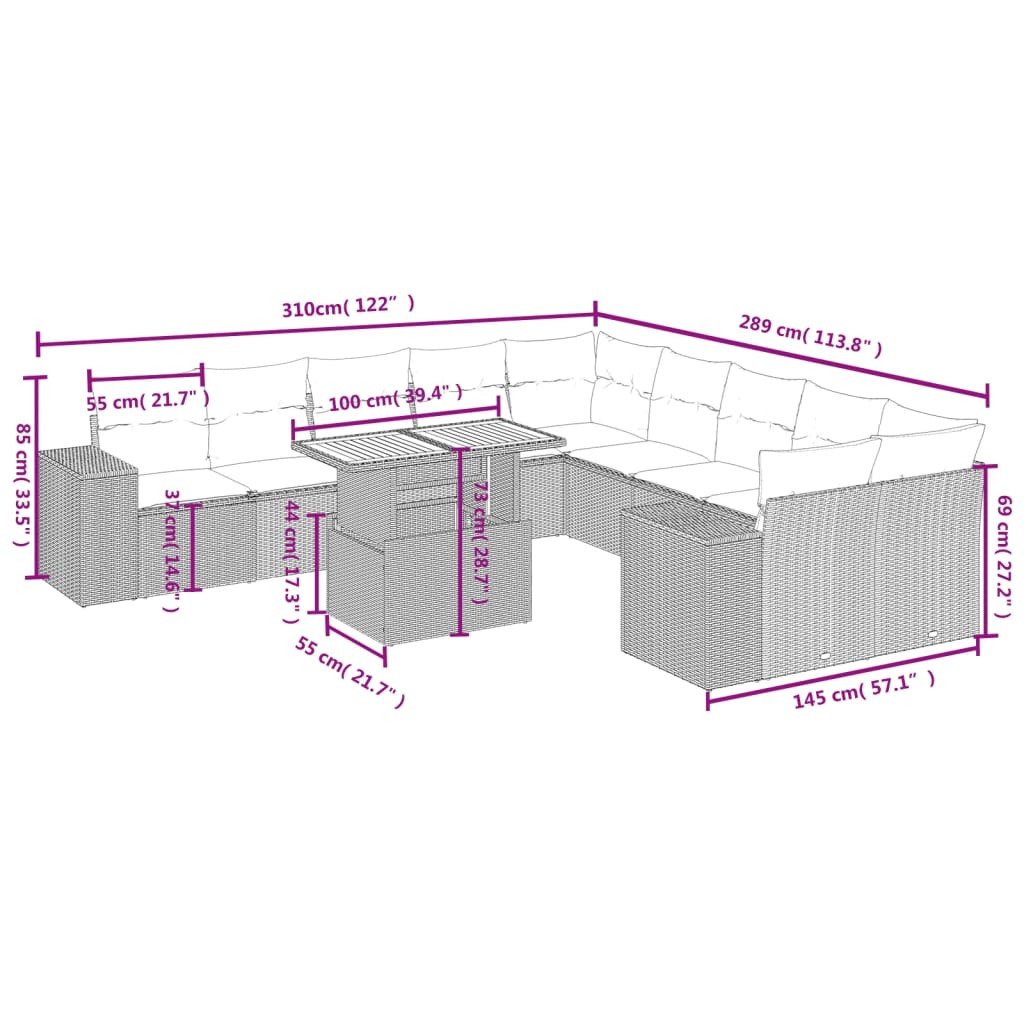 vidaXL Set de sofás de jardín 11 pzas y cojines ratán sintético gris