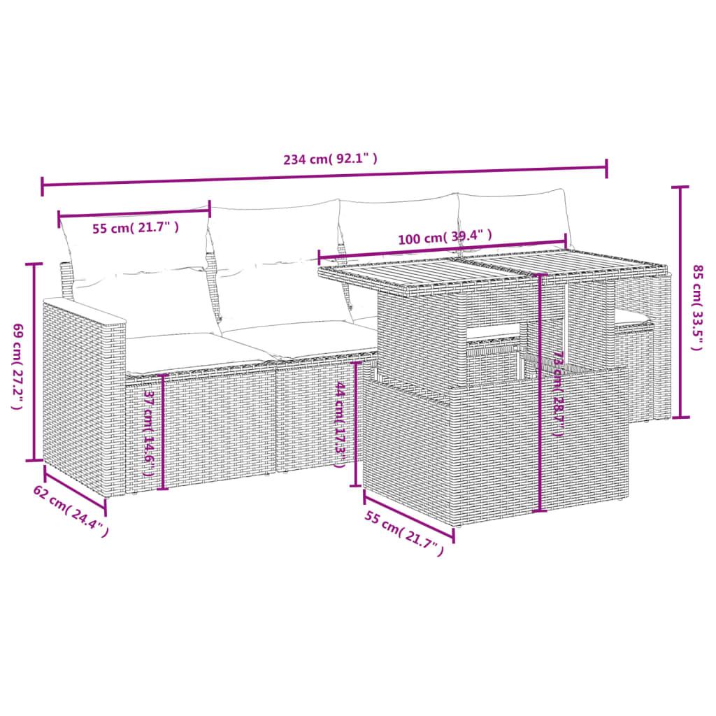 vidaXL Set de muebles de jardín 5 pzas y cojines ratán sintético negro