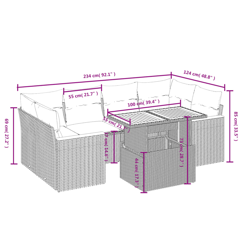 vidaXL Set de comedor de jardín 7 pzas y cojines ratán sintético negro