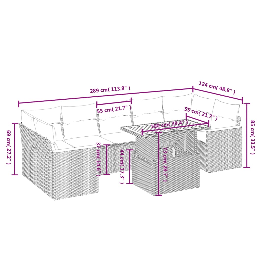 vidaXL Set de sofás de jardín 8 pzas y cojines ratán sintético gris