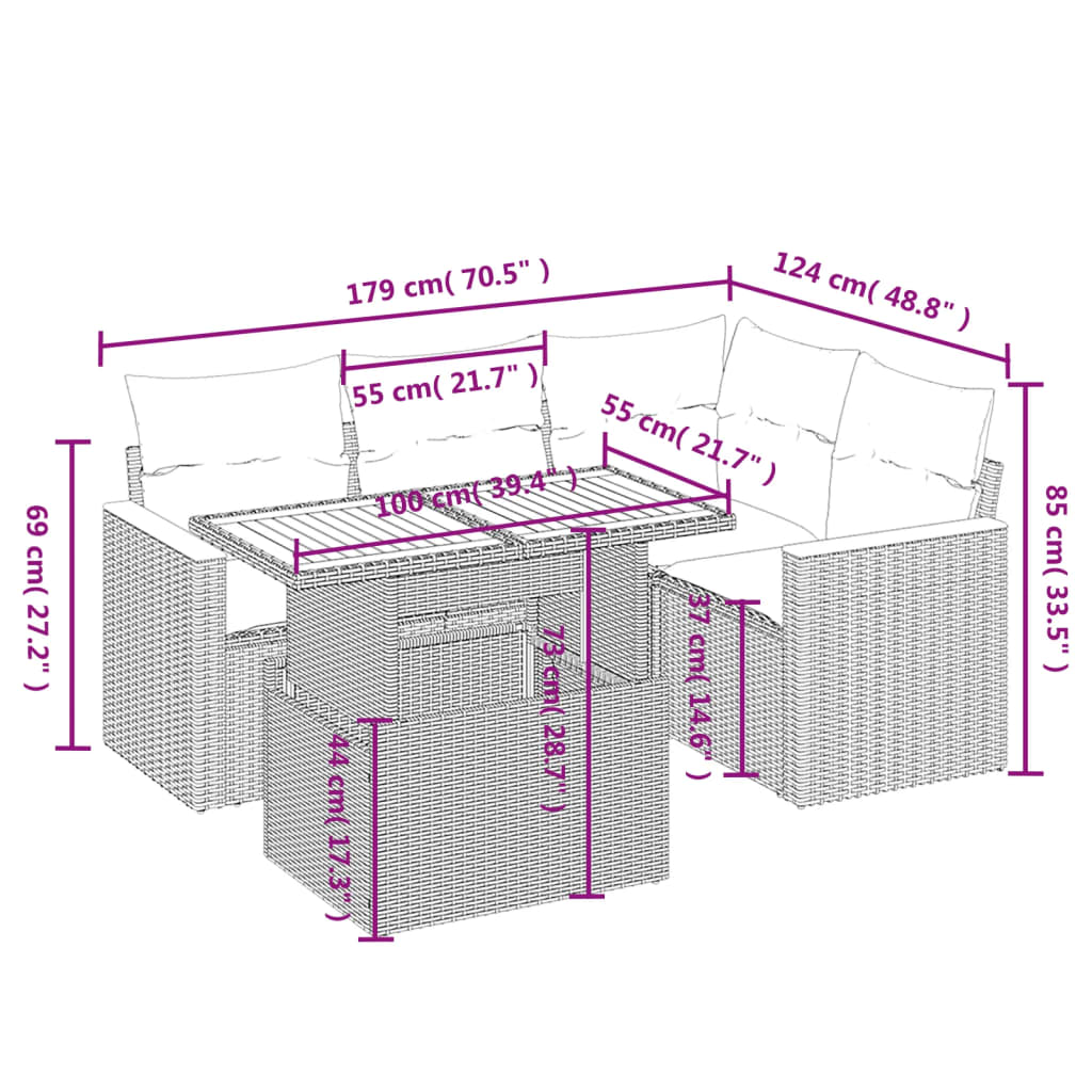 vidaXL Set de muebles de jardín 5 pzas y cojines ratán sintético negro