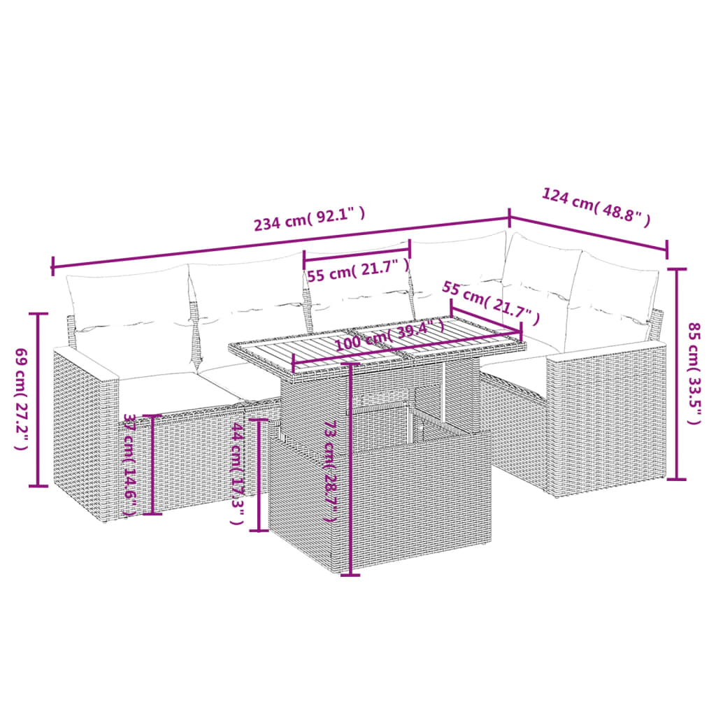 vidaXL Set de muebles de jardín 6 pzas y cojines ratán sintético gris