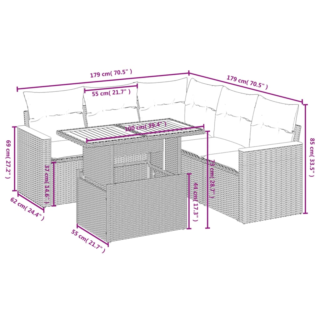 vidaXL Set de muebles de jardín 6 pzas y cojines ratán sintético gris