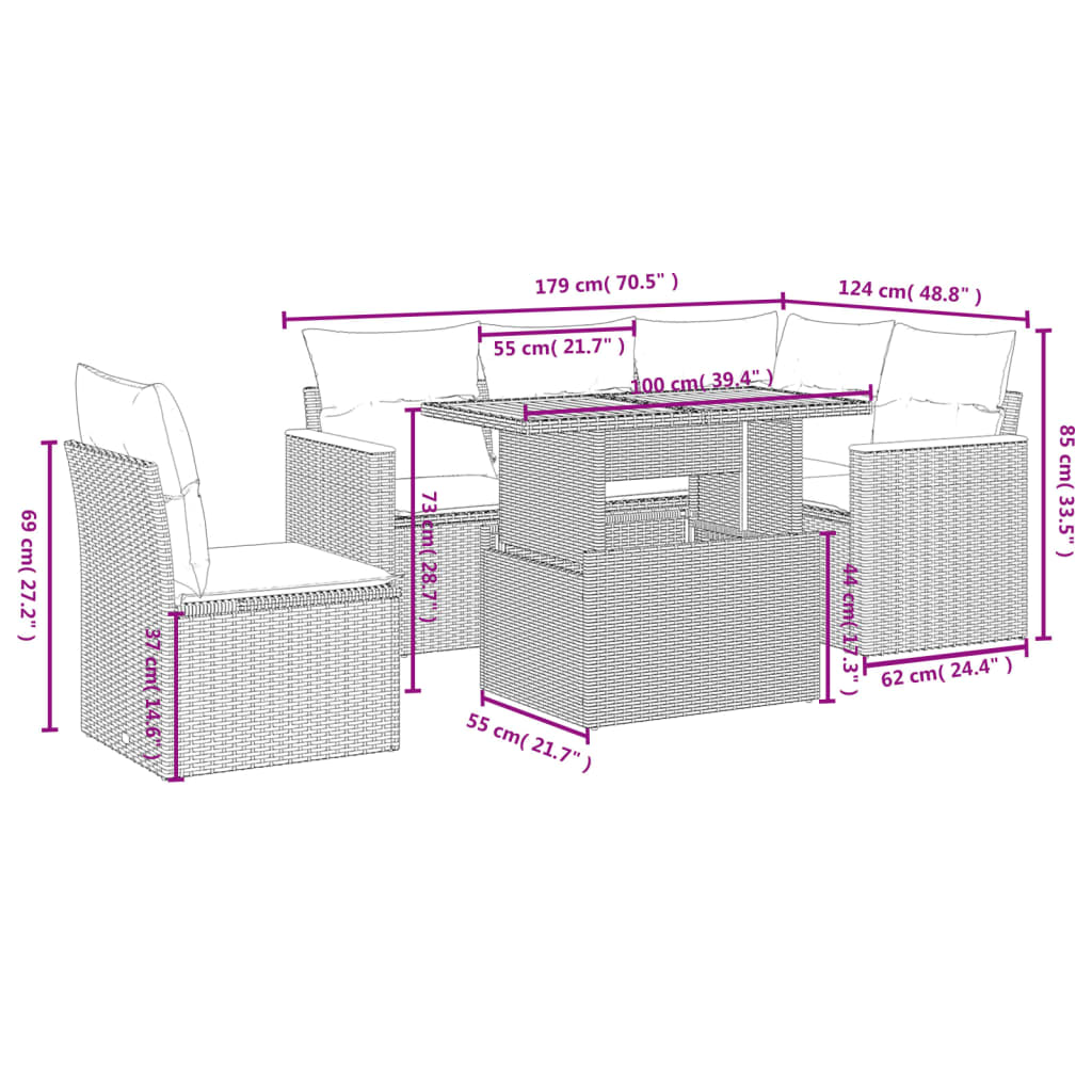 vidaXL Set de muebles de jardín 6 pzas y cojines ratán sintético gris