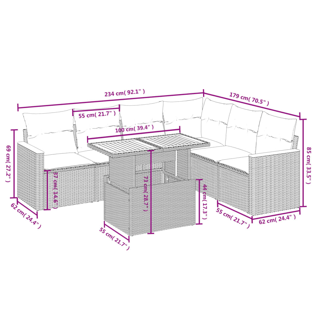 vidaXL Set de comedor de jardín 7 pzas y cojines ratán sintético negro