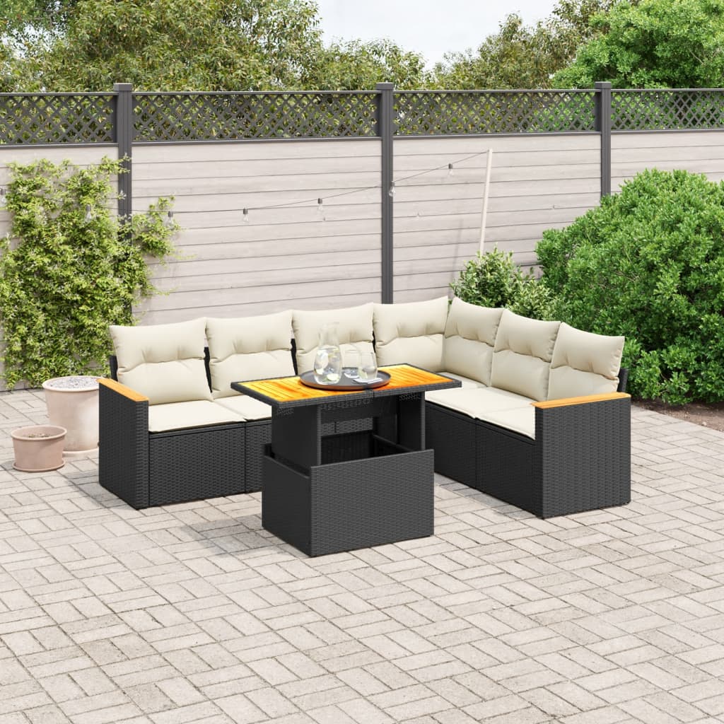 vidaXL Set de comedor de jardín 7 pzas y cojines ratán sintético negro