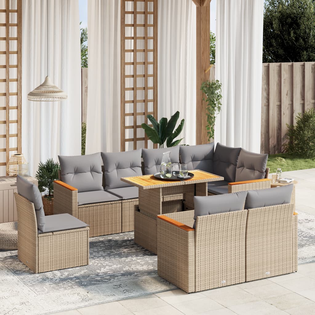 vidaXL Set de sofás de jardín 9 pzas con cojines ratán sintético beige