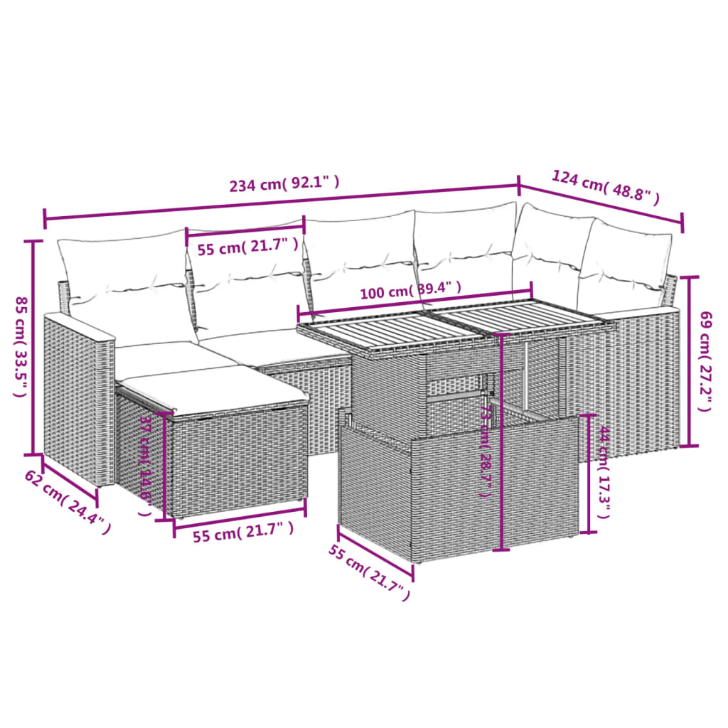 vidaXL Set sofás de jardín 7 piezas y cojines ratán sintético beige