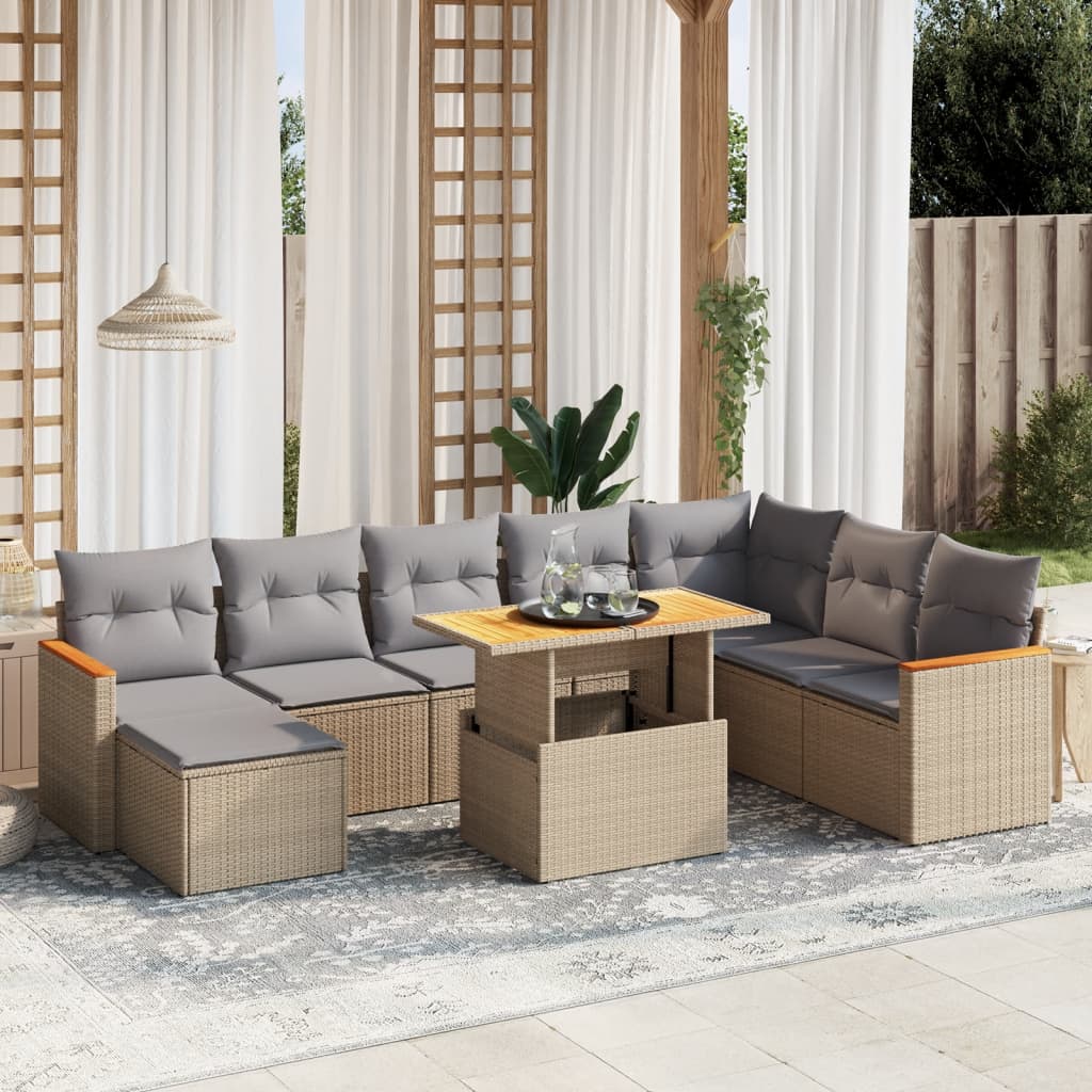 vidaXL Set de sofás de jardín 9 pzas con cojines ratán sintético beige