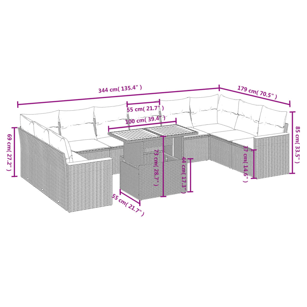 vidaXL Set de sofás de jardín 11pzas con cojines ratán sintético beige