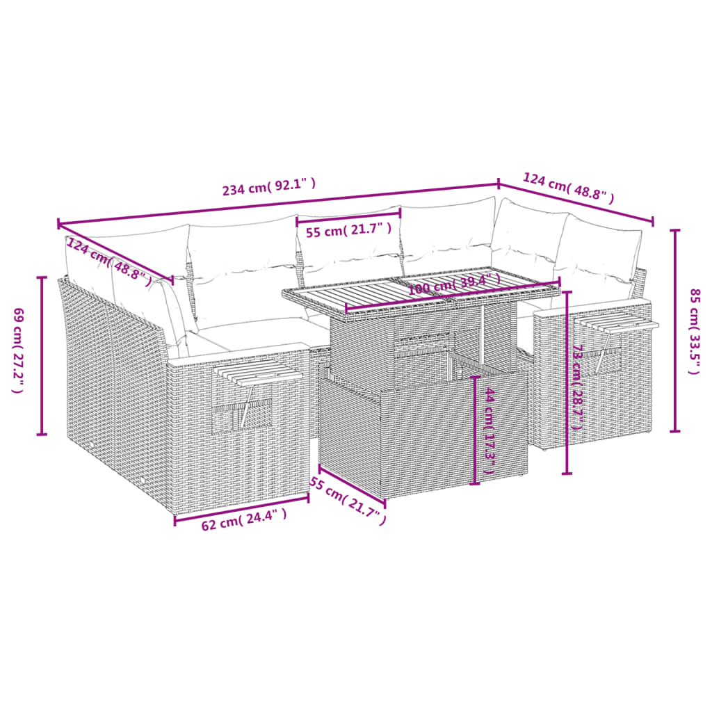 vidaXL Set de comedor de jardín 7 pzas y cojines ratán sintético negro