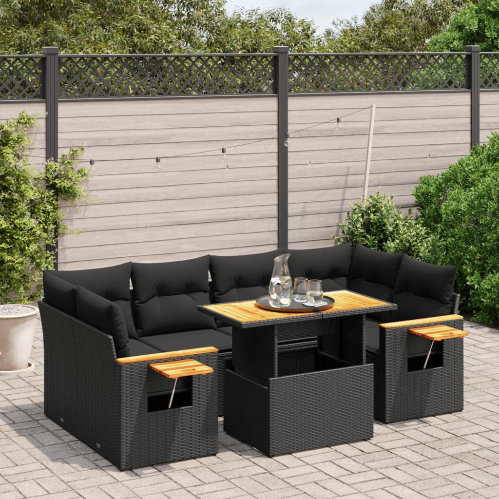 vidaXL Set de comedor de jardín 7 pzas y cojines ratán sintético negro