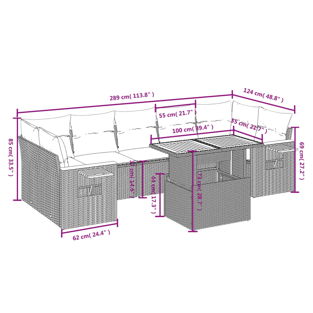 vidaXL Set de sofás de jardín 8 pzas y cojines ratán sintético gris