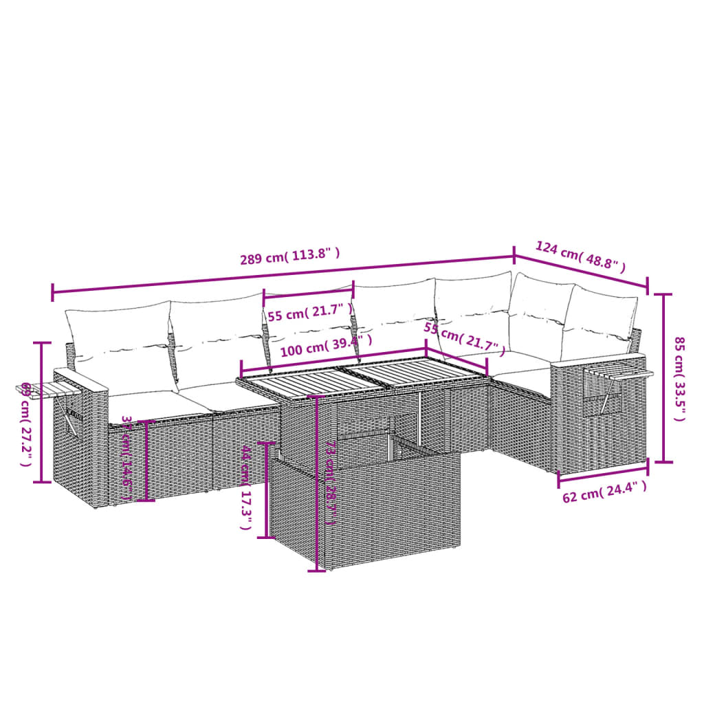 vidaXL Set de sofás de jardín 7 piezas con cojines ratán PE gris