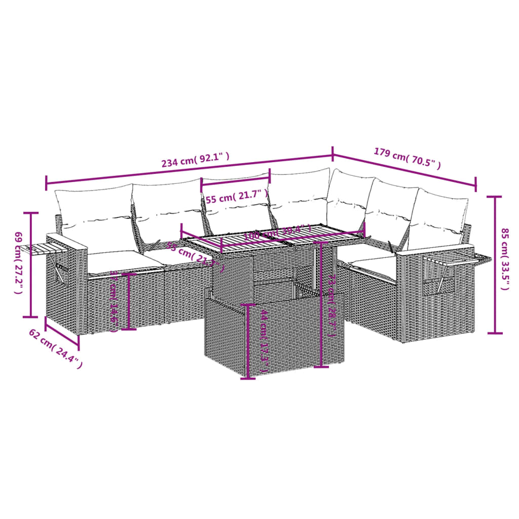 vidaXL Set de comedor de jardín 7 pzas y cojines ratán sintético negro