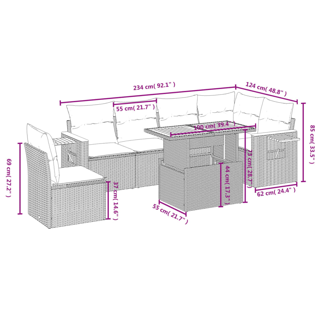 vidaXL Set de comedor de jardín 7 pzas y cojines ratán sintético negro