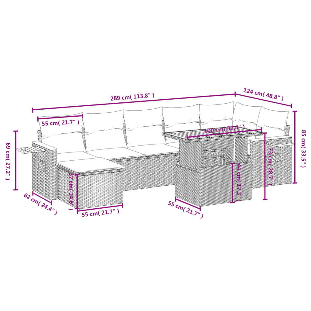 vidaXL Set de sofás de jardín 8 pzas y cojines ratán sintético gris