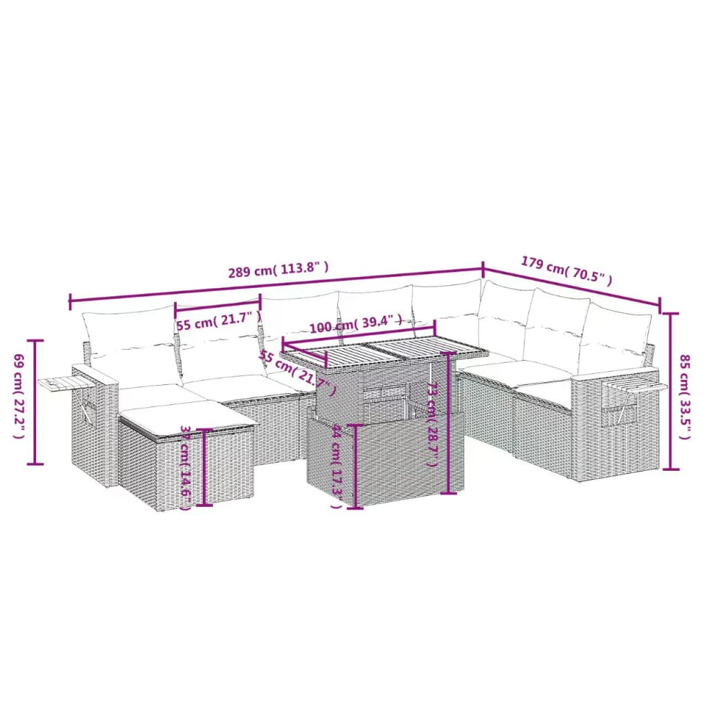 vidaXL Set de sofás de jardín 9 pzas con cojines ratán sintético beige