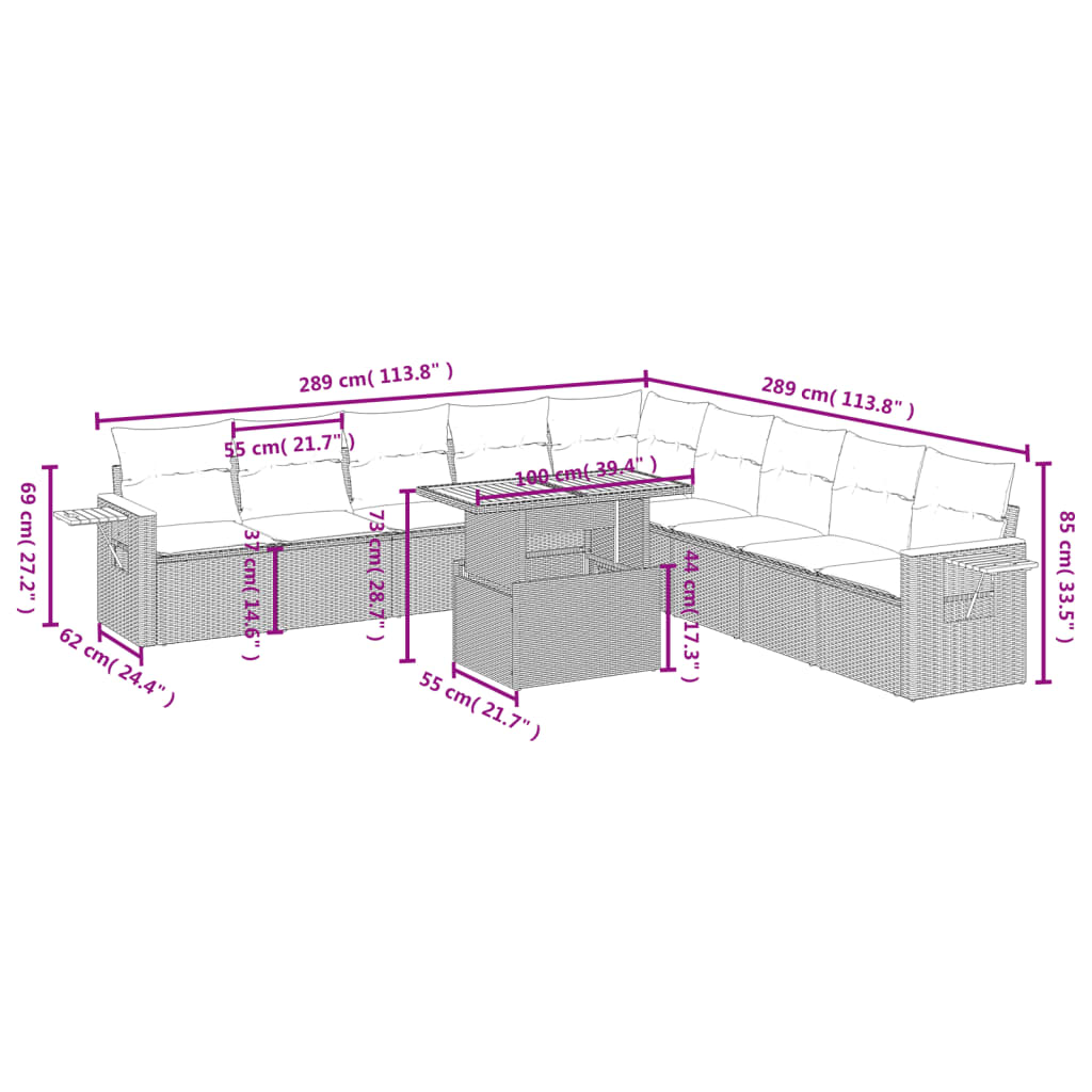 vidaXL Set de sofás de jardín 11 pzas y cojines ratán sintético negro