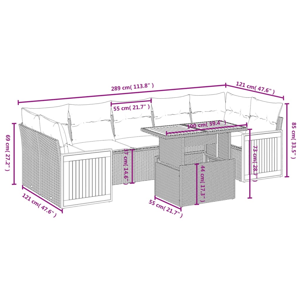 vidaXL Set de sofás de jardín 8 pzas y cojines ratán sintético gris