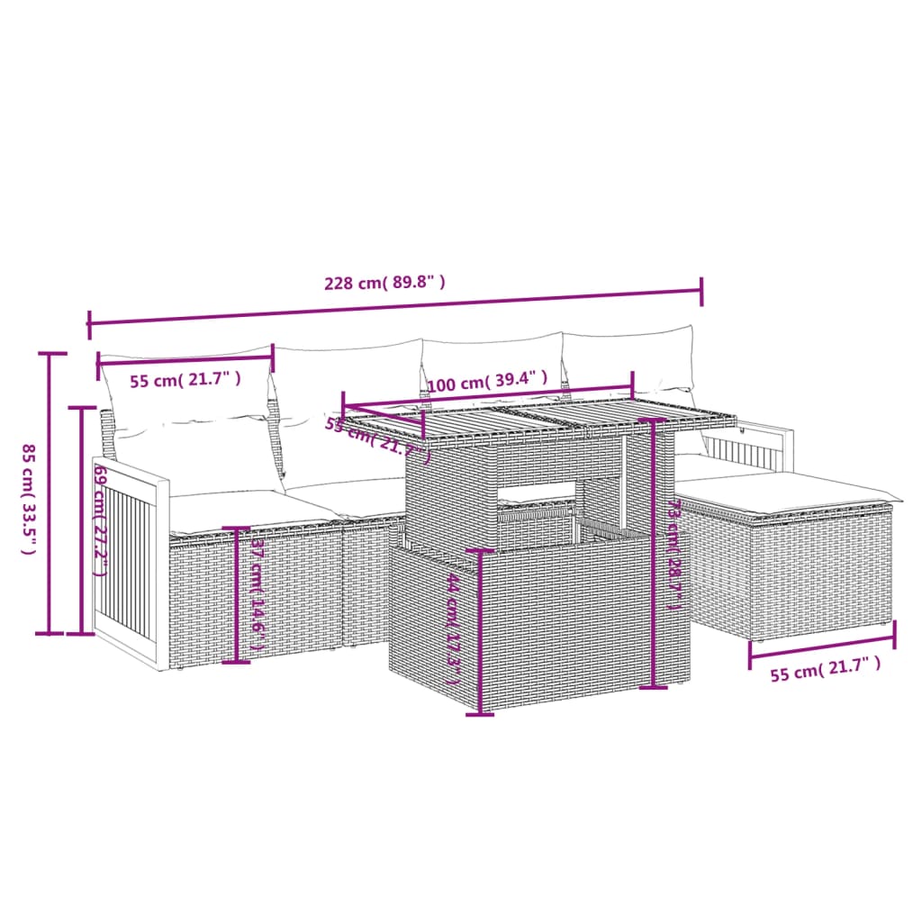 vidaXL Set de muebles de jardín 6 pzas y cojines ratán sintético gris