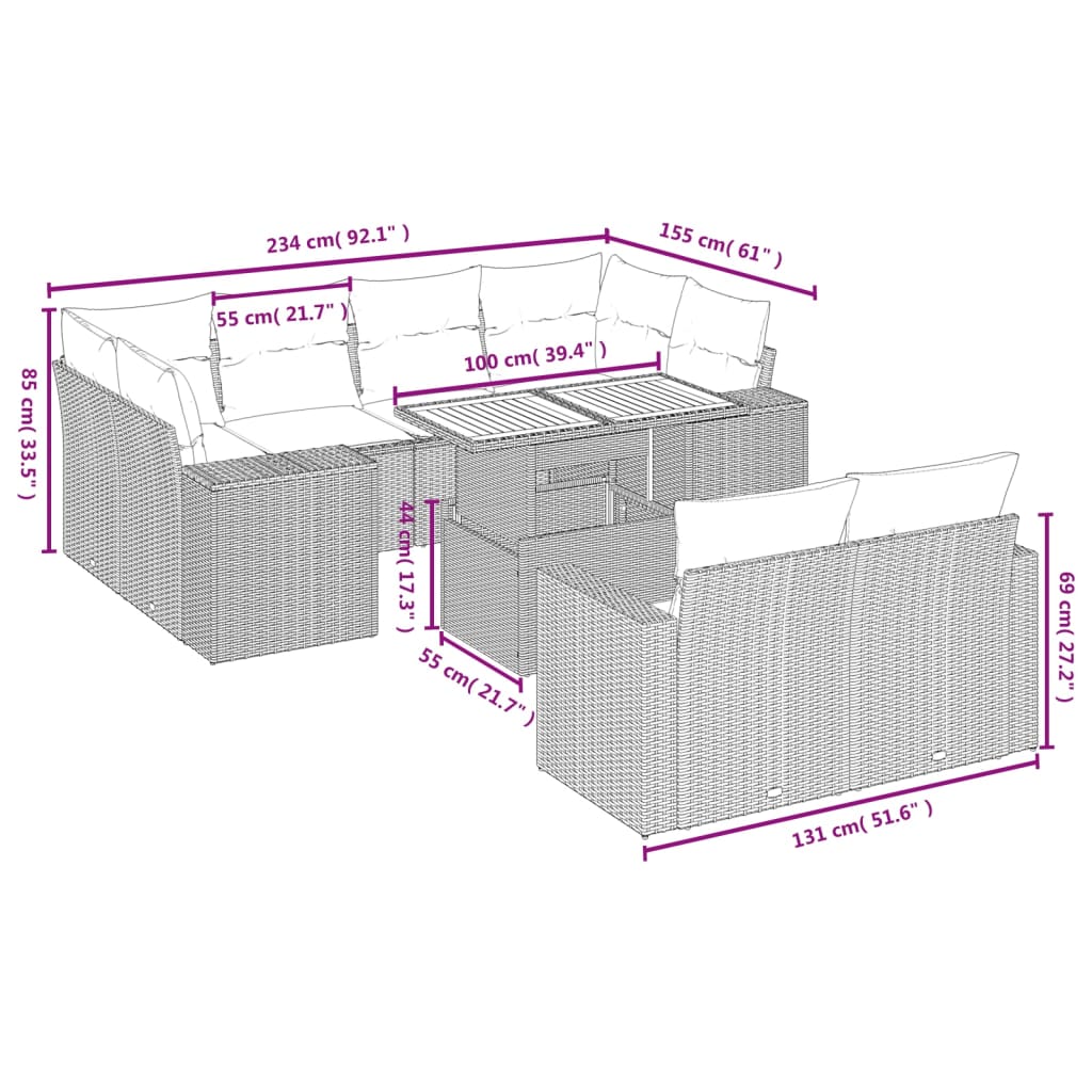 vidaXL Set de sofás de jardín 11pzas con cojines ratán sintético beige