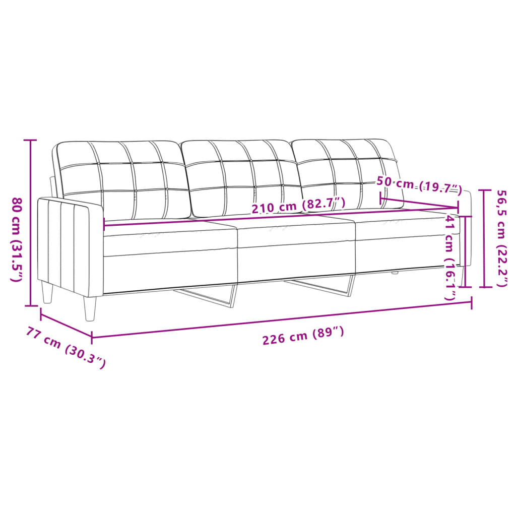 vidaXL Sofá de 3 plazas de tela gris claro 210 cm