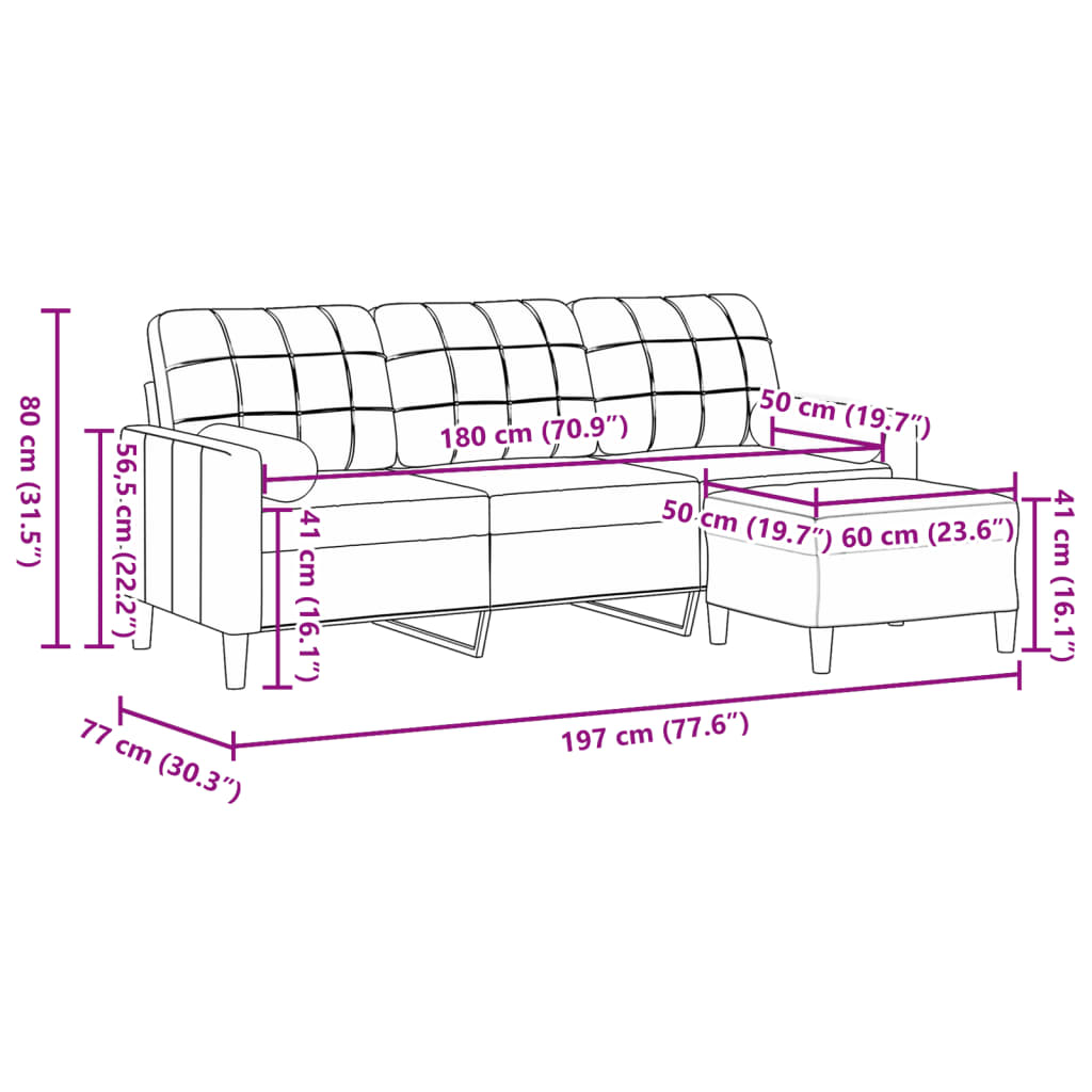 vidaXL Sofá de 3 plazas con taburete de terciopelo gris claro 180 cm