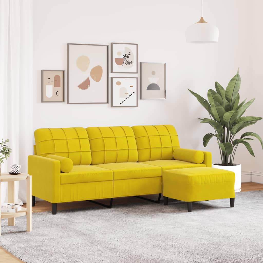 vidaXL Sofá de 3 plazas con taburete terciopelo amarillo 180 cm