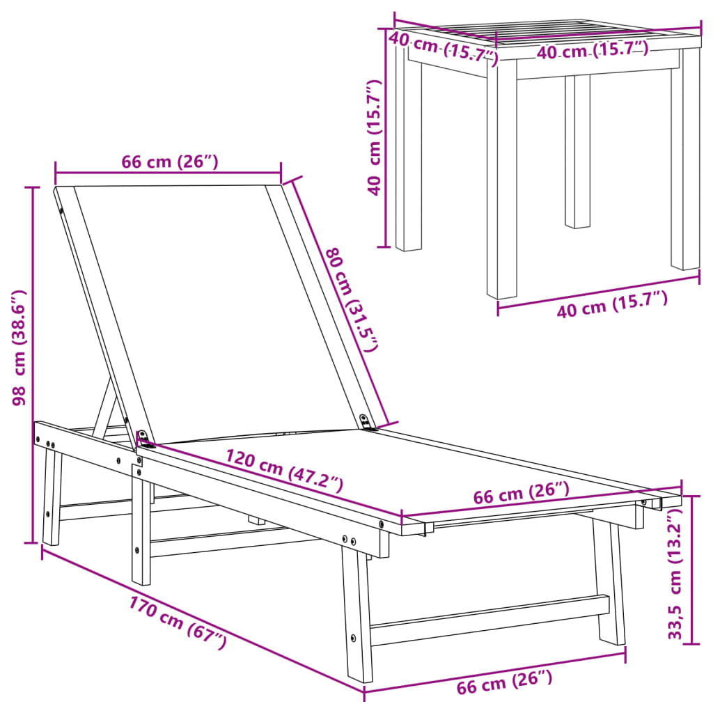 vidaXL Tumbonas 2 uds con mesa madera maciza acacia y textileno gris