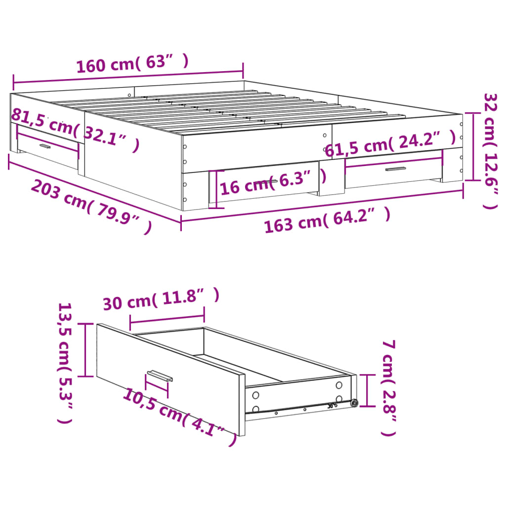 vidaXL Cama con cajones madera ingeniería marrón roble 160x200 cm