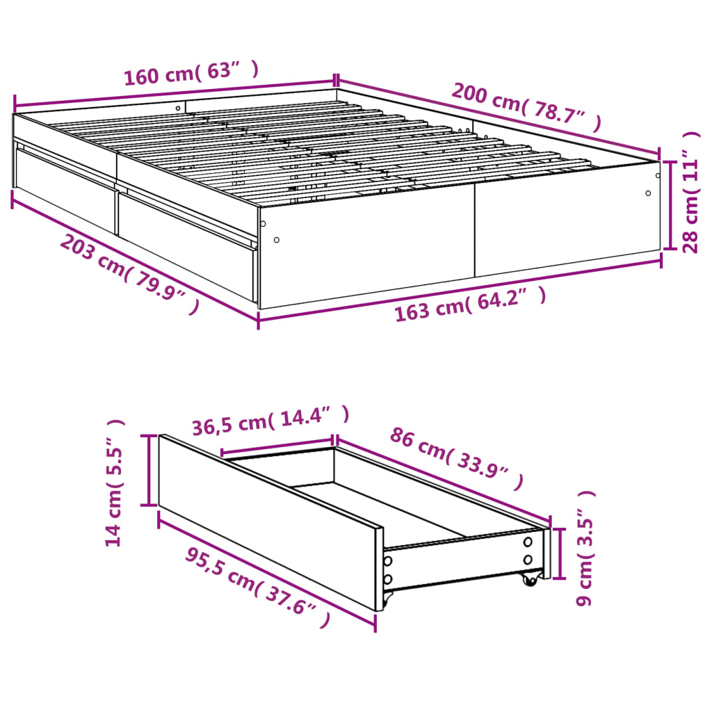 vidaXL Cama con cajones madera ingeniería marrón roble 160x200 cm