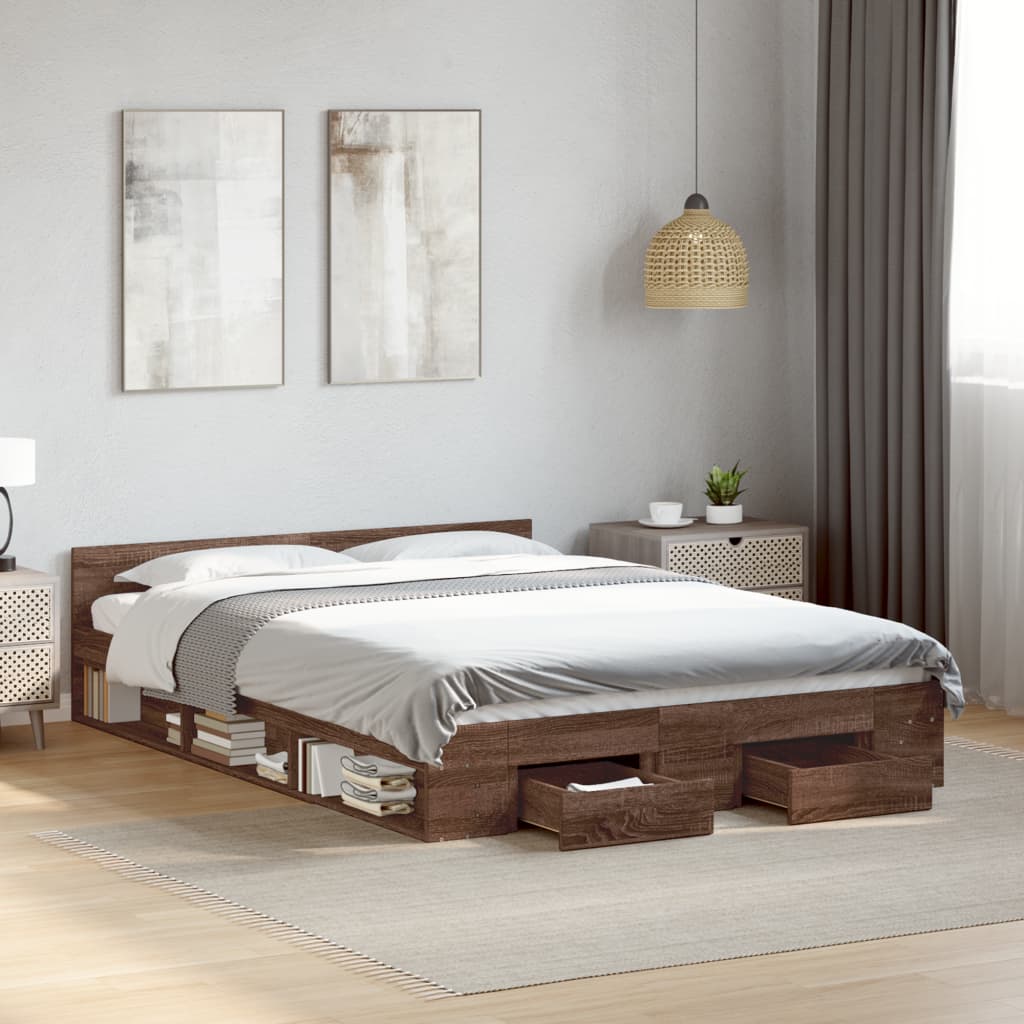 vidaXL Cama con cajones madera ingeniería marrón roble 160x200 cm