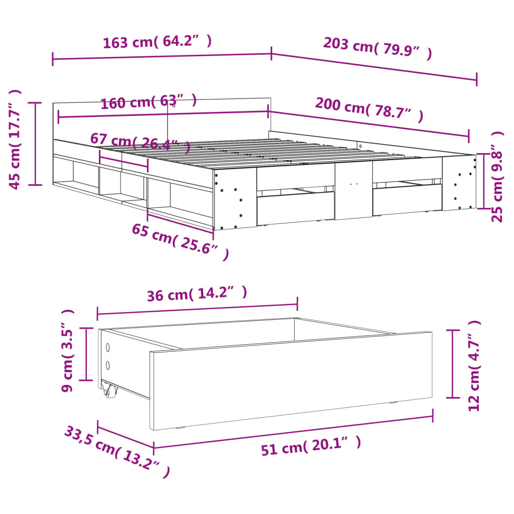 vidaXL Cama con cajones madera ingeniería marrón roble 160x200 cm