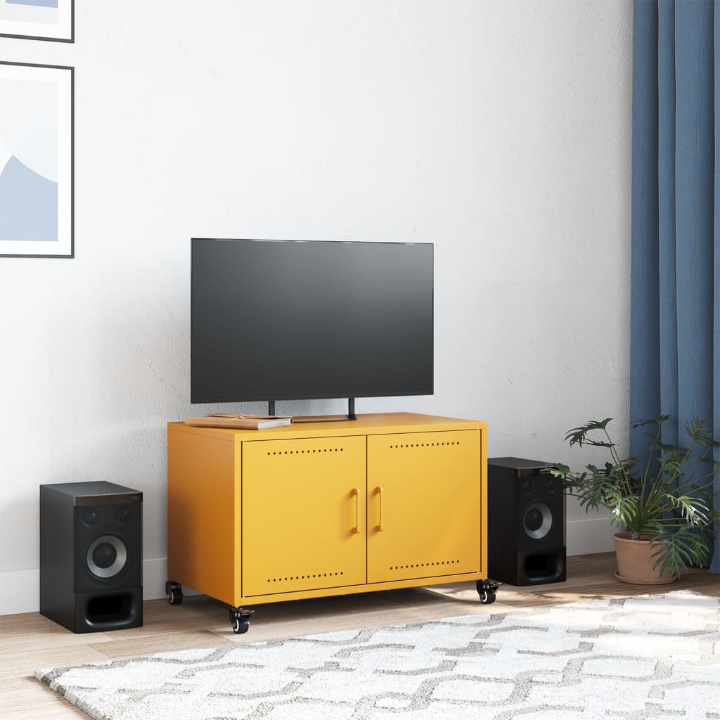 vidaXL Mueble TV acero laminado en frío amarillo mostaza 68x39x43,5 cm