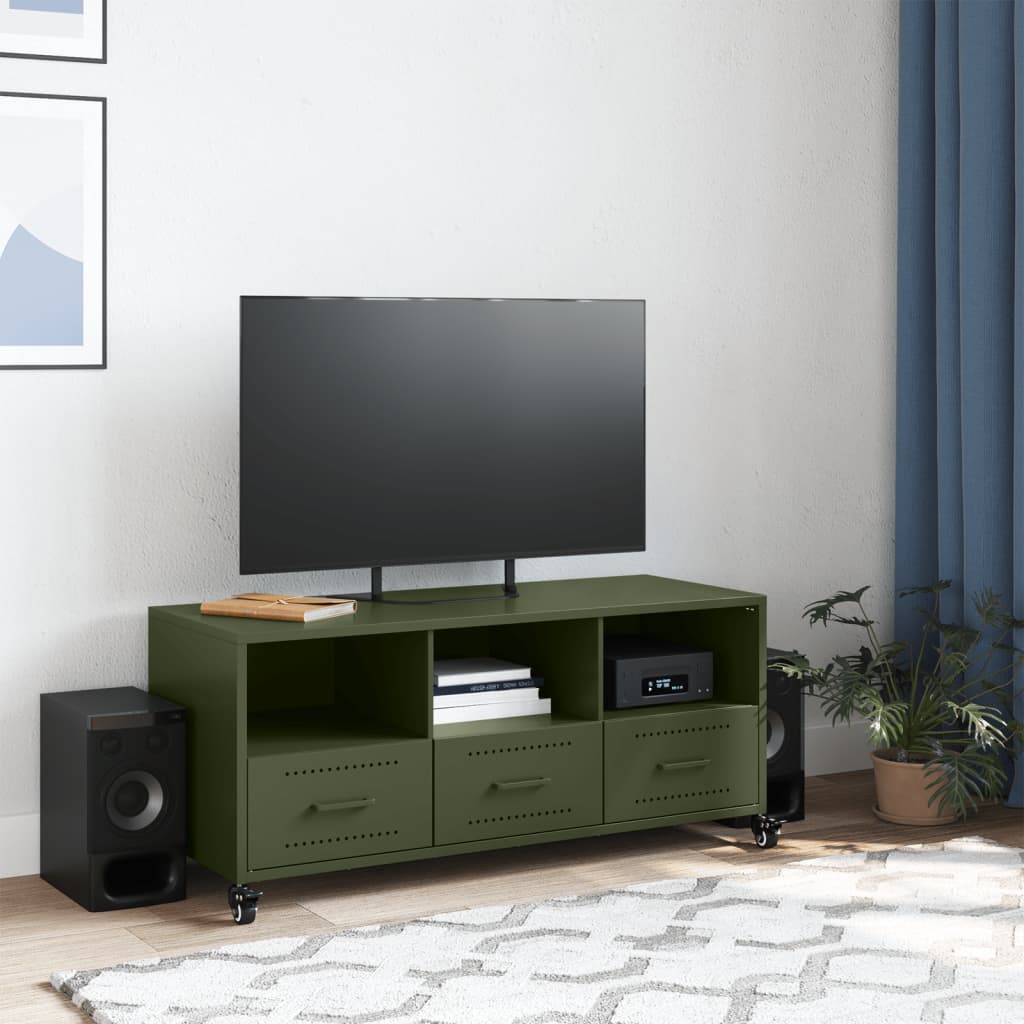 vidaXL Mueble TV acero laminado en frío verde oliva 100,5x39x43,5 cm