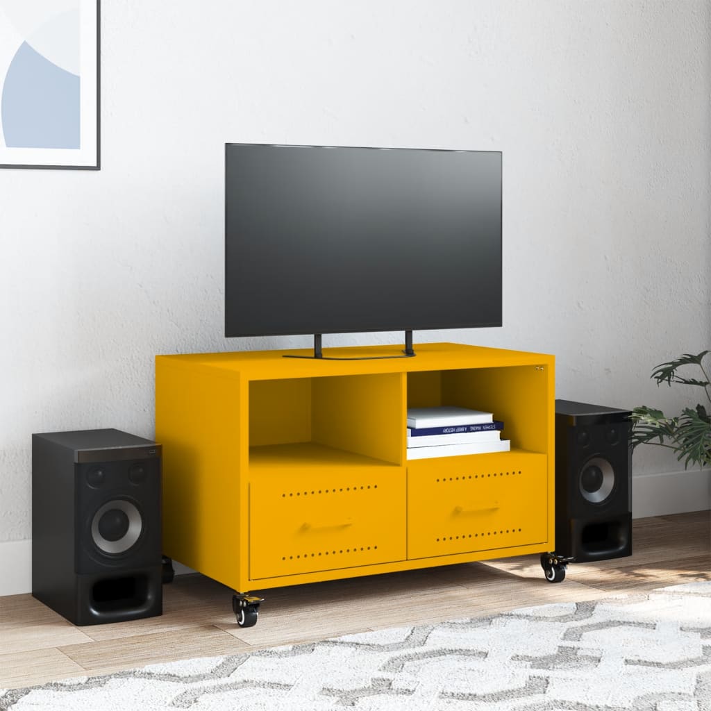 vidaXL Mueble TV acero laminado en frío amarillo mostaza 68x39x43,5 cm