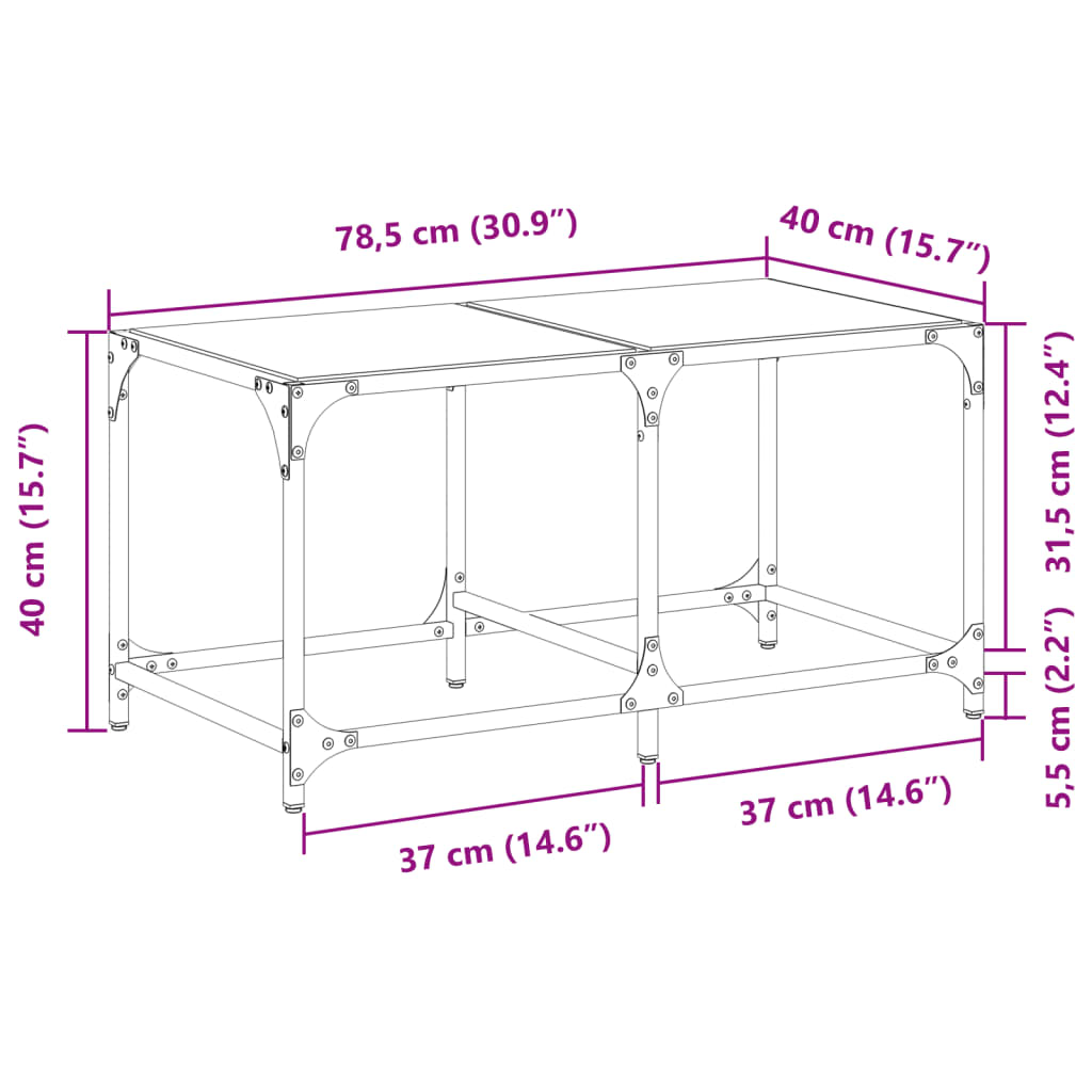 vidaXL Mesa de centro superficie de vidrio acero negra 78,5x40x40 cm