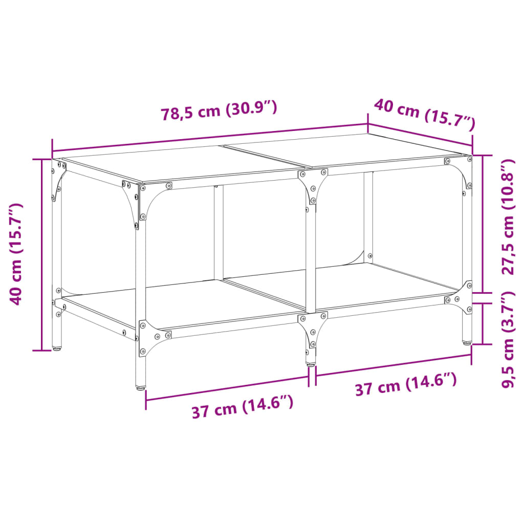 vidaXL Mesa de centro superficie de vidrio acero 78,5x40x40 cm