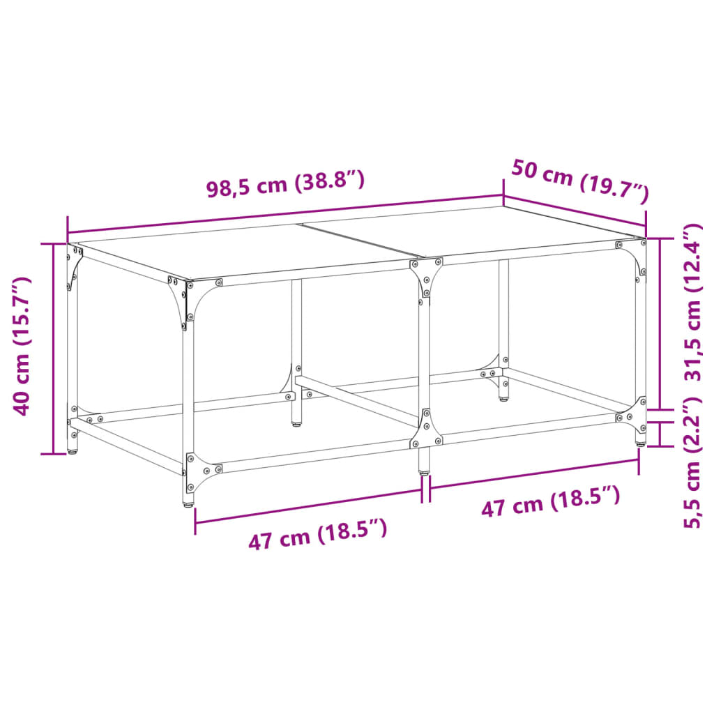 vidaXL Mesa de centro superficie de vidrio acero negra 98,5x50x40 cm