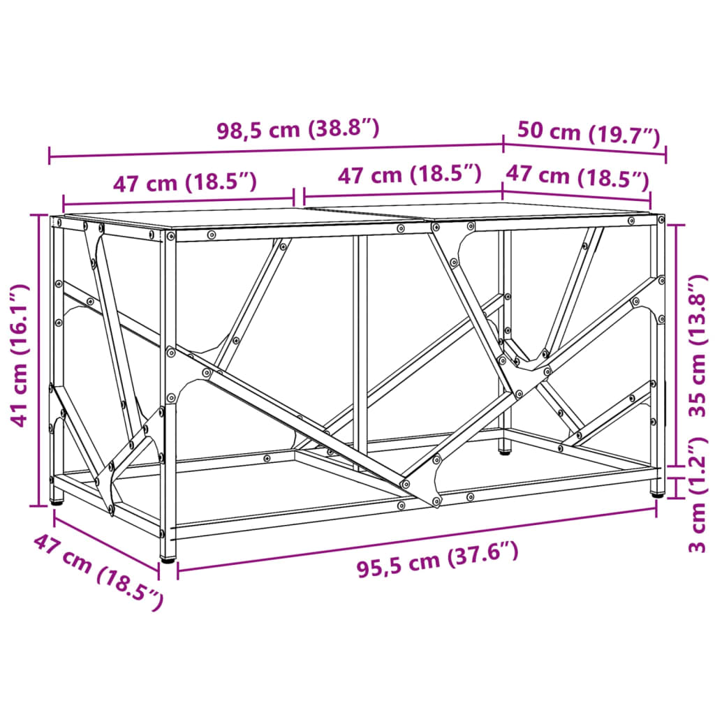 vidaXL Mesa de centro de acero superficie de vidrio negra 98,5x50x41cm