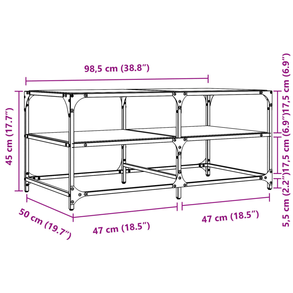 vidaXL Mesa de centro superficie de vidrio acero negra 98,5x50x45 cm