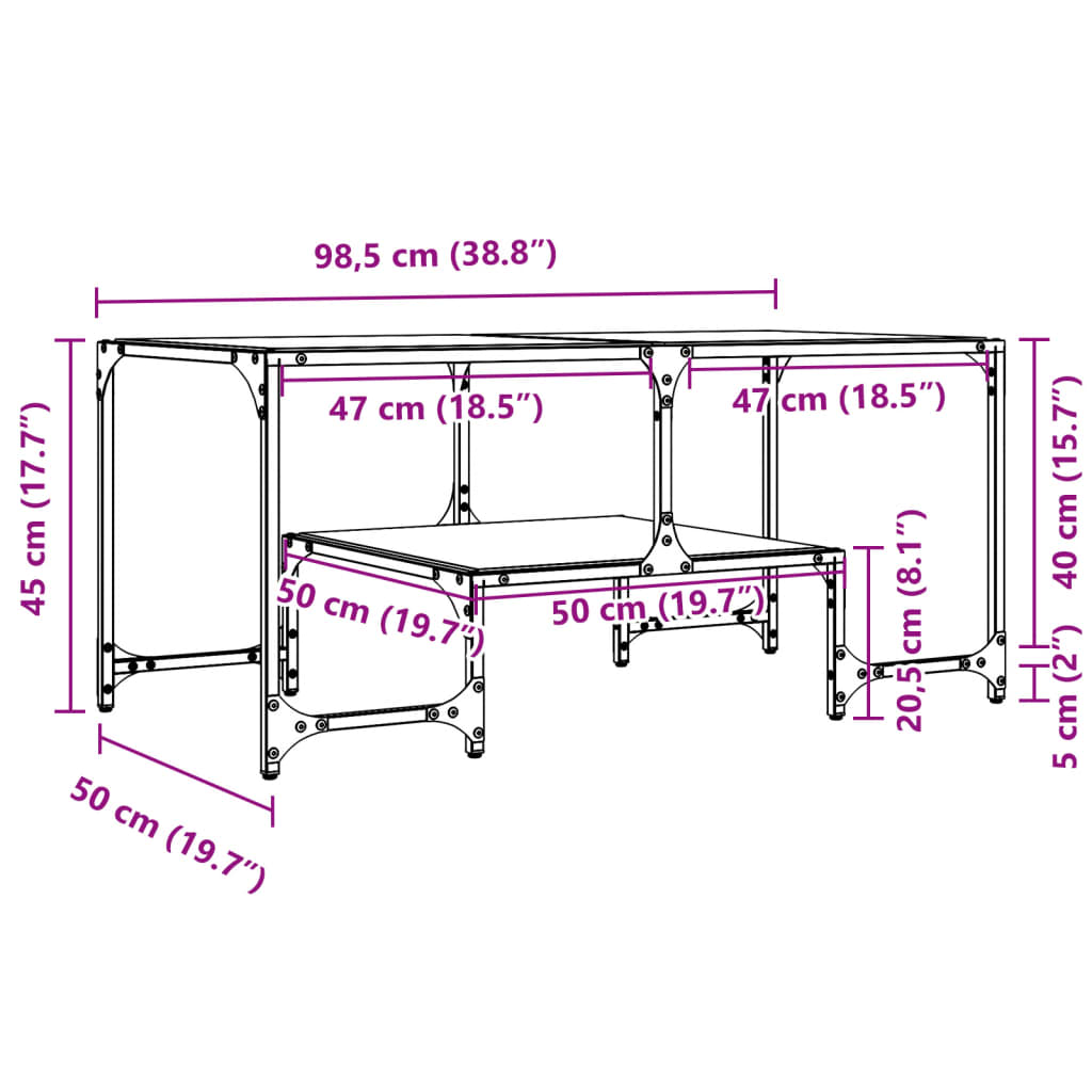 vidaXL Mesa de centro superficie de vidrio acero negra 98,5x50x45 cm