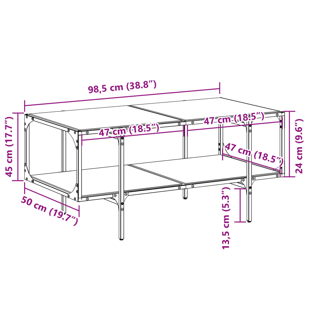 vidaXL Mesa de centro superficie de vidrio acero 98,5x50x45 cm