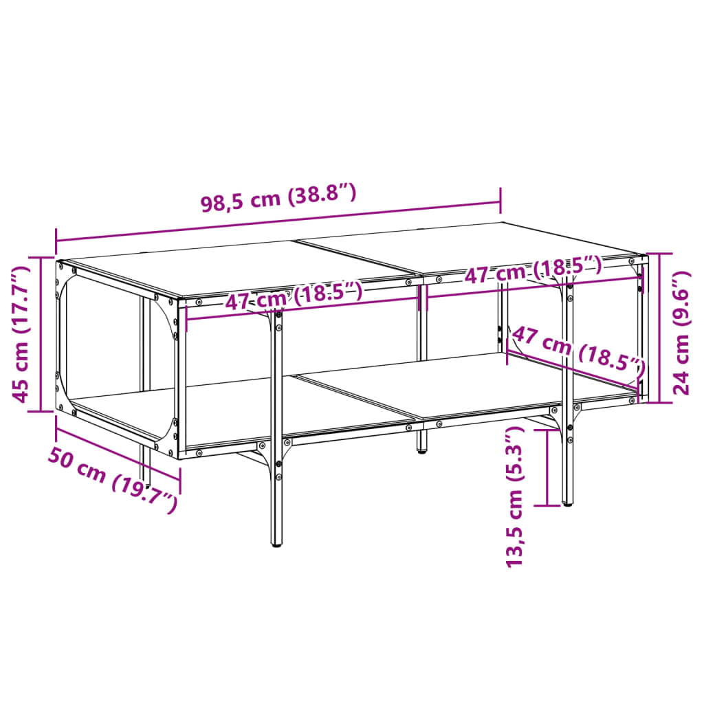 vidaXL Mesa de centro superficie de vidrio acero negra 98,5x50x45 cm