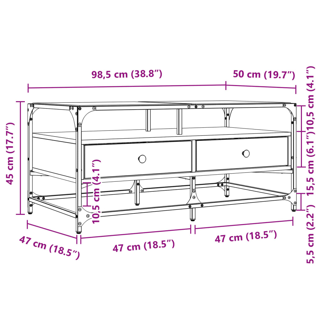 vidaXL Mesa de centro tapa de vidrio acero roble Sonoma 98,5x50x45 cm