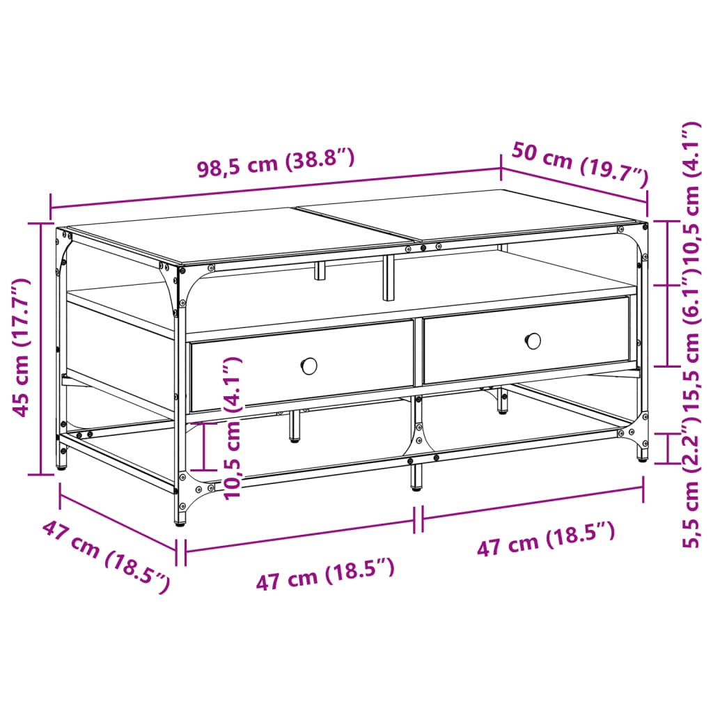 vidaXL Mesa de centro tapa de vidrio acero roble ahumado 98,5x50x45cm