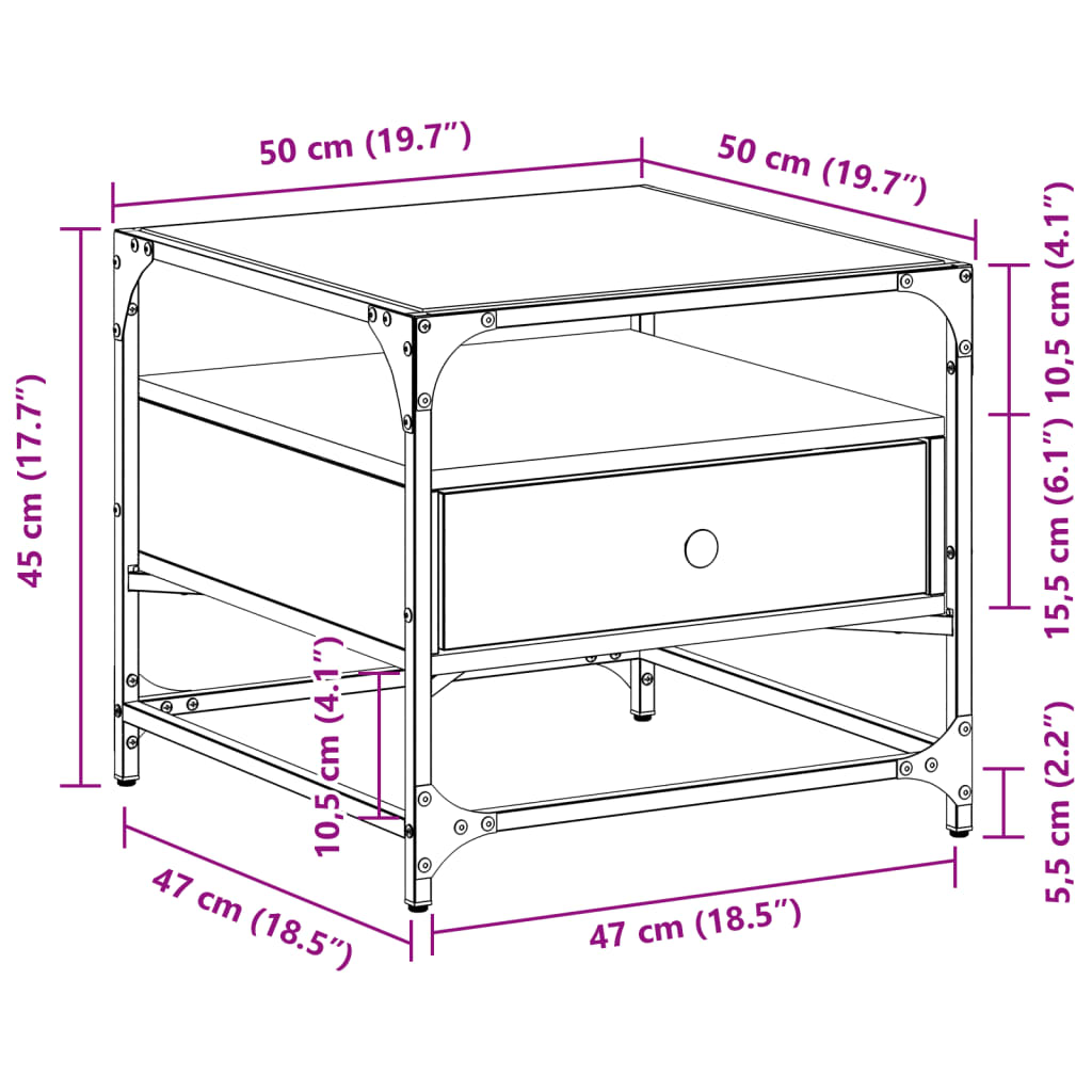 vidaXL Mesa de centro tapa de vidrio acero roble Sonoma 50x50x45 cm