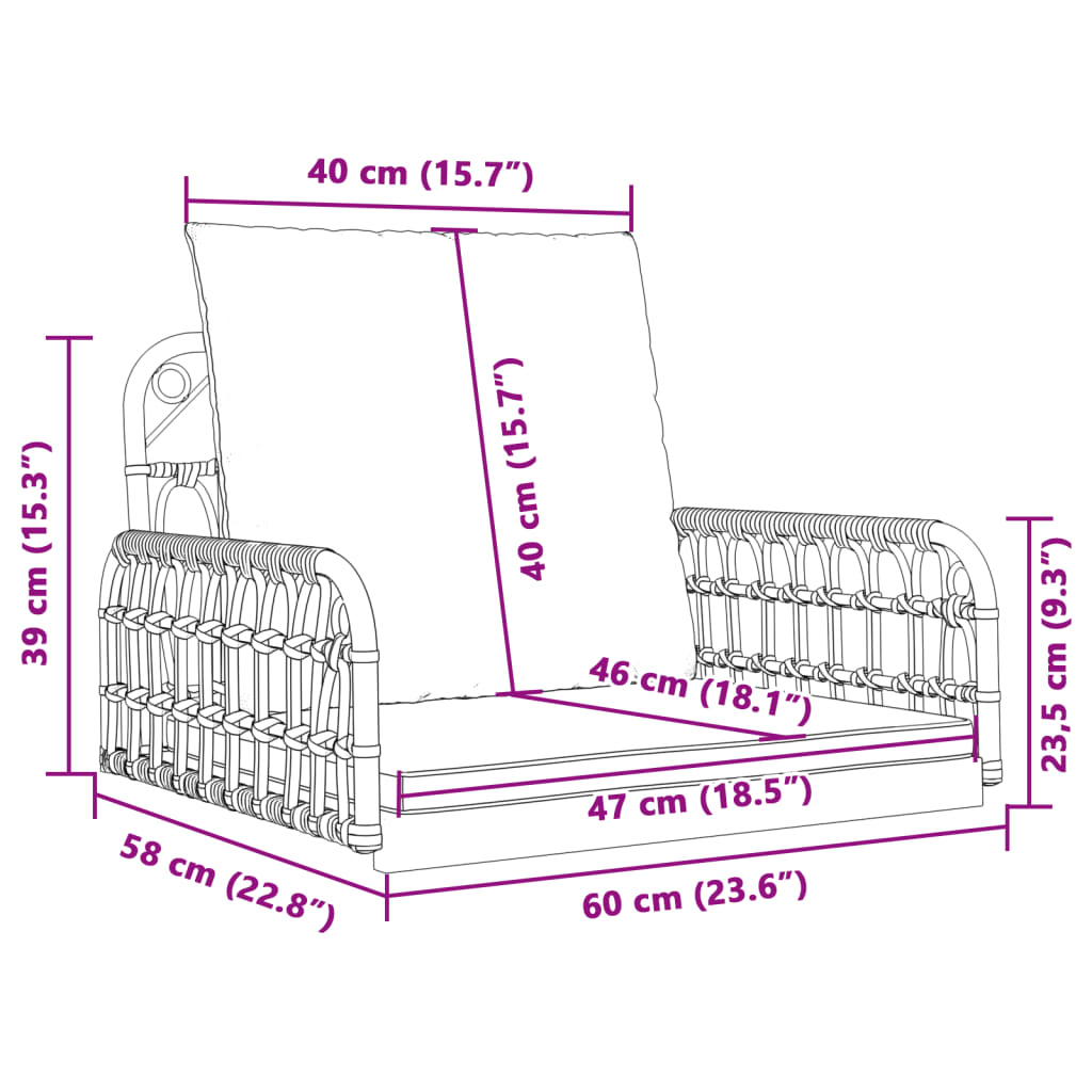 vidaXL Silla columpio con cojines ratán sintético y acero 63x58x39 cm